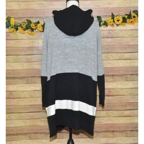 French Dressing Jeans Gray Black Color Block Hooded Long Cardigan Sweater Size L - Picture 10 of 13